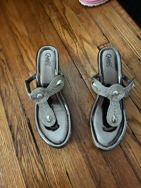 Silver Metallic Jeweled Thong Sandals Heeled